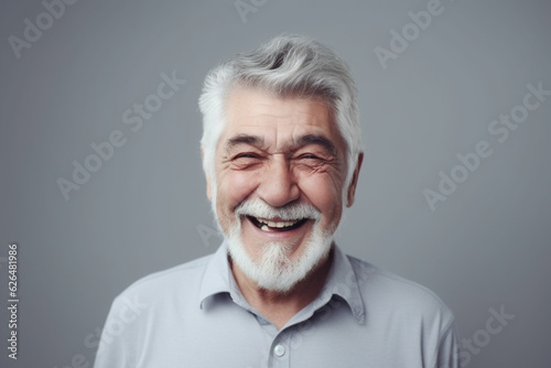 Happy old man on grey background