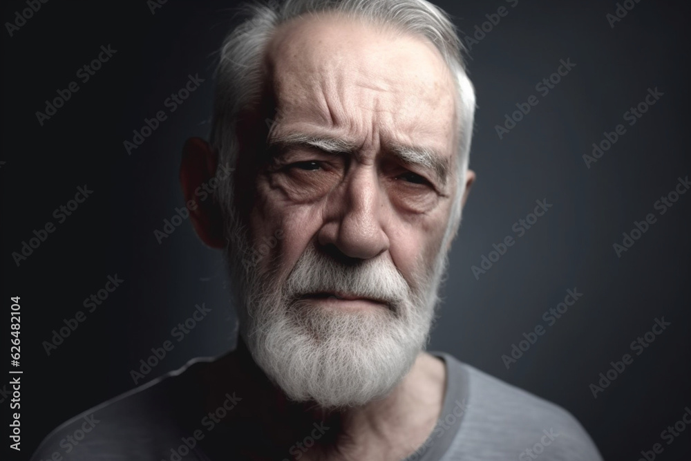 Sad old man on grey background