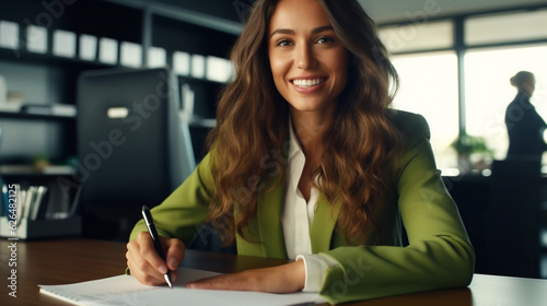 Beautiful business woman in formal suit smiling and signing documents on office background. Generative AI