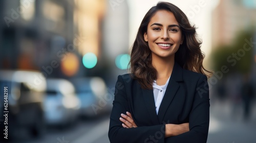 Young confident smiling business woman standing on busy street, portrait. Proud successful female entrepreneur wearing suit posing with arms crossed look at camera in big city outdoors. Generative Ai