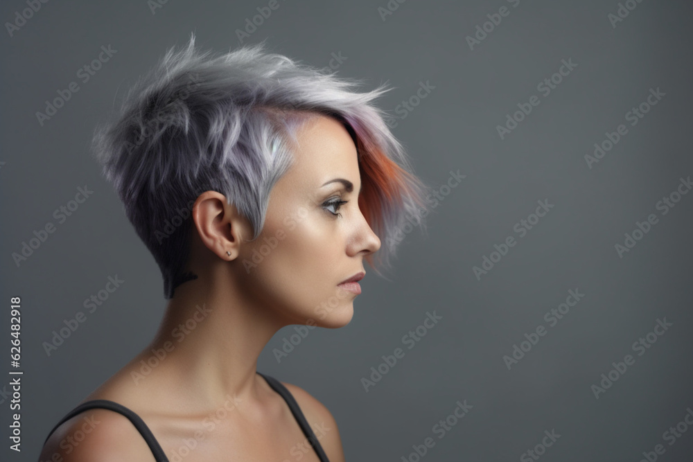 Woman with dyed hair on grey background