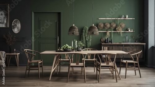 scandinavian design dining room area home design ideas creative interior space with scandinavian deciration with wooden and nature loose furniture with feature colour wall accent,ai generate photo