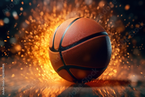 Basketball ball on floor against background of exploding sparks, sports illustration. Basketball game © Sergio