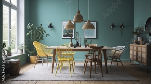 scandinavian design dining room area home design ideas creative interior space with scandinavian deciration with wooden and nature loose furniture with feature colour wall accent ai generate