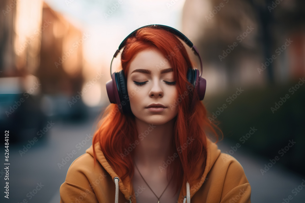 Music therapy, caucasian female teenager in headphones on street, cute red-haired woman listening to music with her eyes closed Music therapy, caucasian female teenager in headphones on street, cute red-haired woman listening to music with her eyes closed