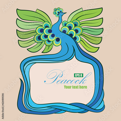 Vintage drawing of a peacock with a frame for your text, postcard in retro art nouveau style.