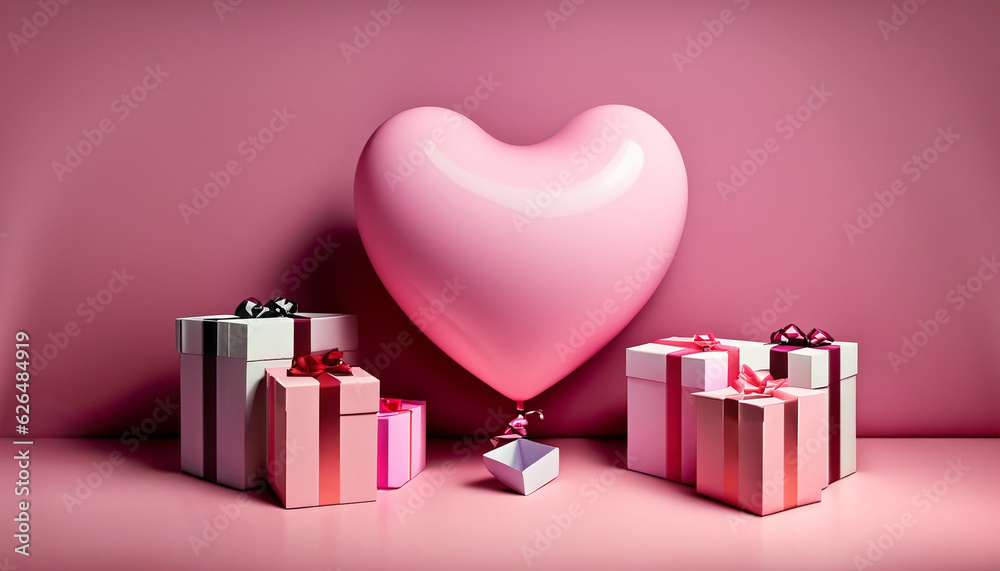 balloon heart shape in pink studio with gift boxes