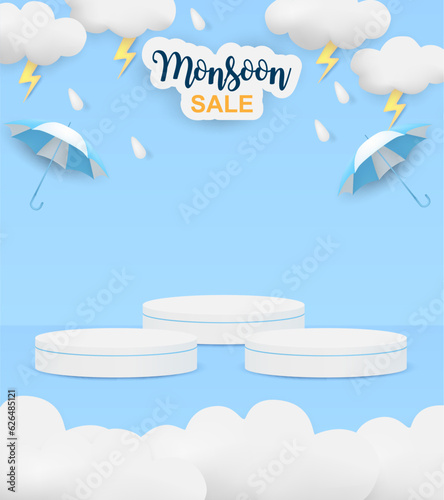 Monsoon season theme product display podium. Design with clouds and raining drops on blue sky background. vector.