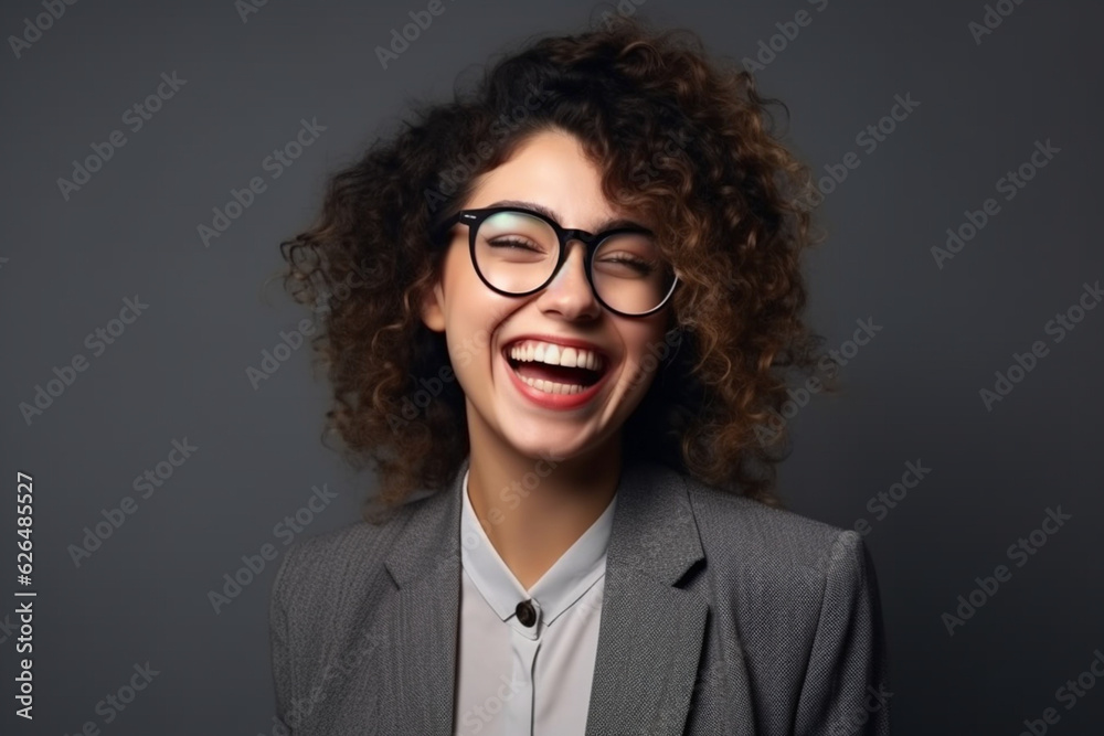 Cheerful curly business girl wearing glasses with grey background