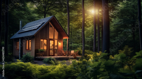 a wooden tiny house nestled within a lush, vibrant forest, powered by a small wind turbine and solar panels, demonstrating an eco - friendly lifestyle