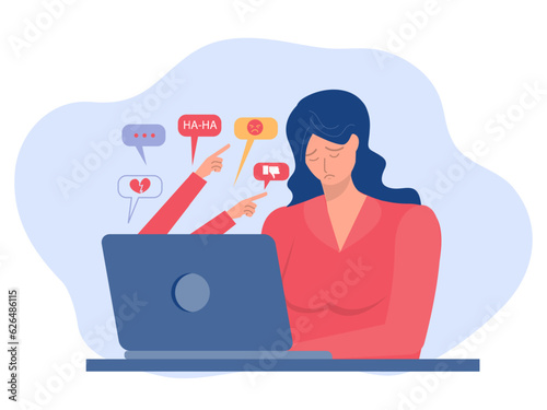 Cyber ​​Bullying concept,woman despresed  with People bullying a girl on internet  by message bubbles Cyber bullying in social networks and online abuse concept. Vector flat cartoon illustration