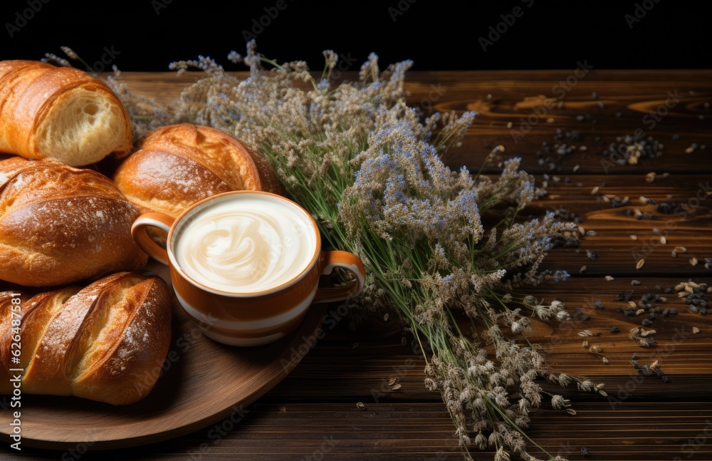 Cup Hot coffee  bread on a dark retro background, croissants, jam, butter, yogurt, milk ,fruits juice and coffee. copy space clear area for text Breakfast concept .AI Generative