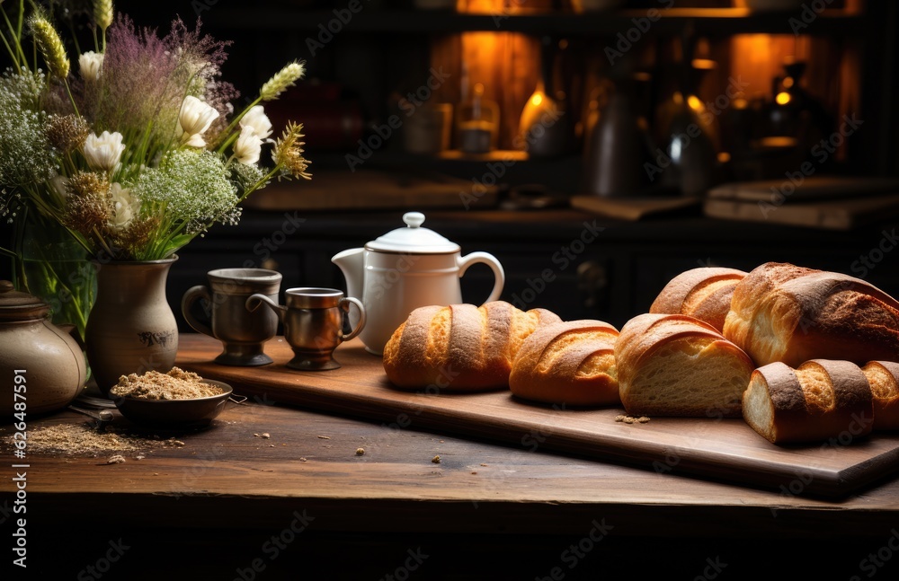 Cup Hot coffee  bread on a dark retro background, croissants, jam, butter, yogurt, milk ,fruits juice and coffee. copy space clear area for text Breakfast concept .AI Generative