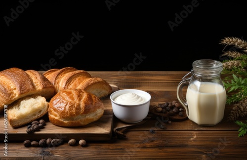 Cup Hot coffee  bread on a dark retro background  croissants  jam  butter  yogurt  milk  fruits juice and coffee. copy space clear area for text Breakfast concept .AI Generative