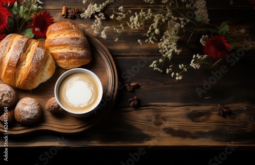 Cup Hot coffee  bread on a dark retro background, croissants, jam, butter, yogurt, milk ,fruits juice and coffee. copy space clear area for text Breakfast concept .AI Generative © ND STOCK