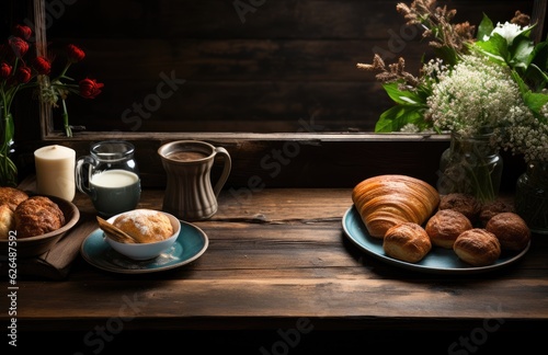 Cup Hot coffee bread on a dark retro background, croissants, jam, butter, yogurt, milk ,fruits juice and coffee. copy space clear area for text Breakfast concept .AI Generative