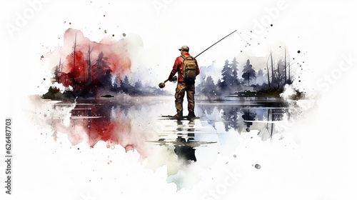 Foto fisherman on a white background watercolor drawing poster.