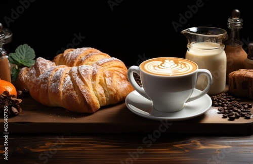 Cup Hot coffee bread on a dark retro background, croissants, jam, butter, yogurt, milk ,fruits juice and coffee. copy space clear area for text Breakfast concept .AI Generative