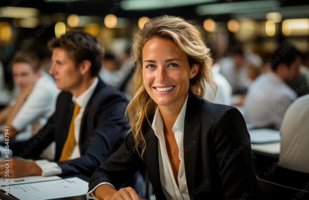 Businesswoman attending a business workshop with colleagues. Experience teamwork, learning, and growth in this empowering business event. Businesswoman attending a business workshop with colleagues. Experience teamwork, learning, and growth in this empowering business event.