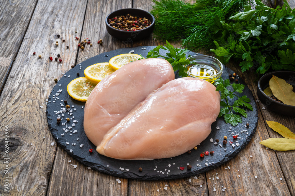 Fresh raw chicken breasts on cutting board with spices on wooden background Fresh raw chicken breasts on cutting board with spices on wooden background