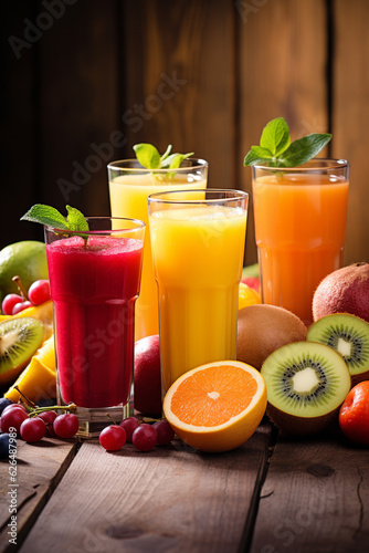 Vivid Splash of Various Fruit Juices in Clear Glasses on Rustic Wooden Background