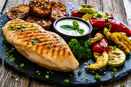 Grilled chicken breast, baked potatoes and barbecued vegetables on wooden table 