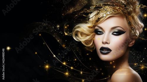 Banner with beautiful girl on dark glamour background. Vintage retro style. Beauty make up and cosmetics concept. Copy space. Generative AI