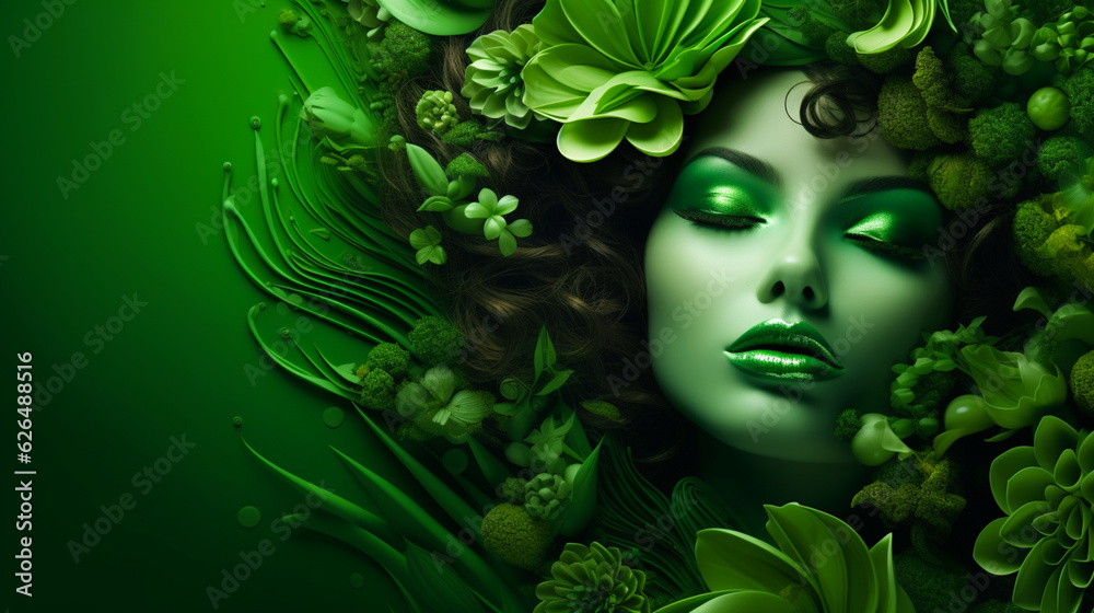 Banner with beautiful woman on green nature background. Health and care concept. Generative AI