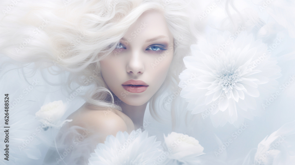 Banner with beautiful girl on isolated white  flowers background. Beauty make up and cosmetics concept. Copy space. Generative AI