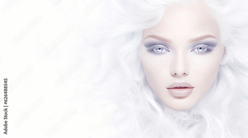 Banner with beautiful girl on isolated white background. Beauty make up and cosmetics concept. Copy space. Generative AI