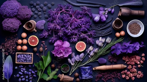 
flatlay layout of lavender, elements of various sizes and types of plants, floral purple background, top view. Generative AI.