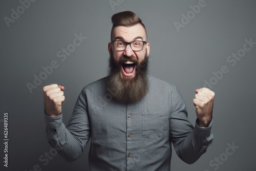 excited man on grey background