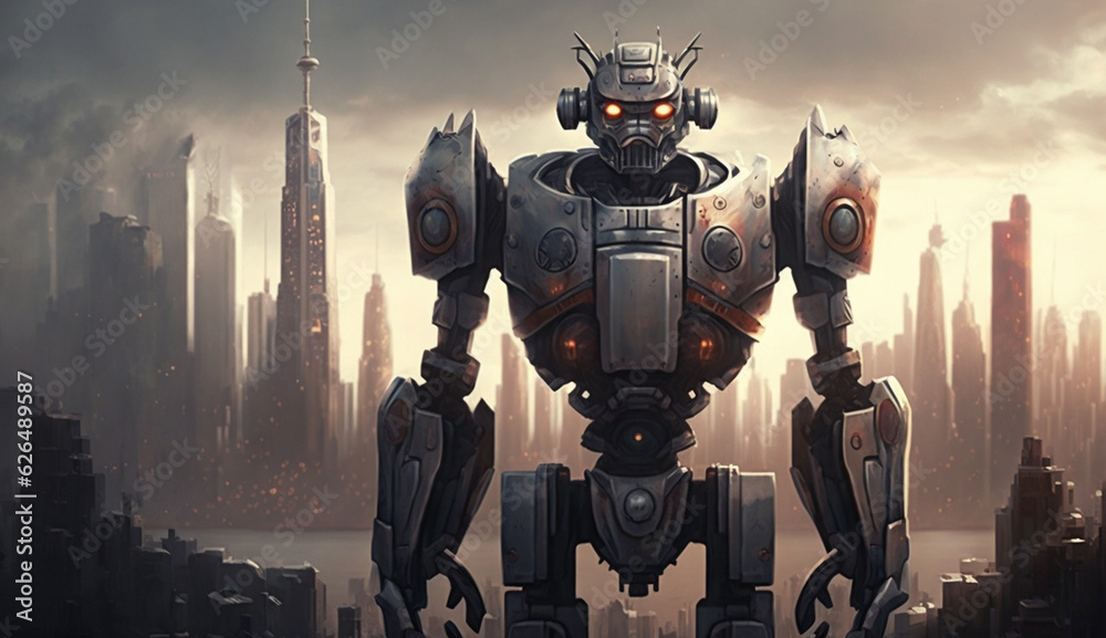 A Modern Robot in Front of the City A Modern Robot in Front of the City