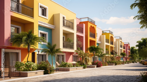 Vivid condominium or hotel with balconies, colorful stucco finish traditional private townhouses, Generative AI