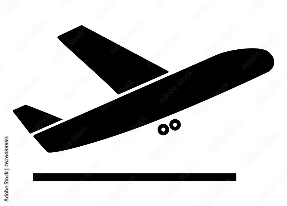 Airplane departure symbol illustration, black on white background