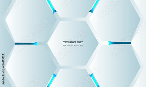 White 3d hexagonal technology vector abstract background. Blue bright energy flashes under hexagon in modern technology futuristic background. White honeycomb texture grid vector illustration.