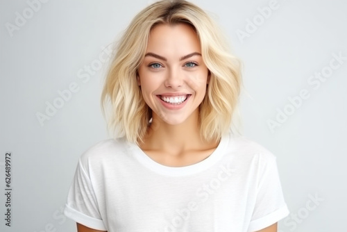 Smiling blond woman with white perfect smile and natural face, looking happy and confident at camera, standing in t-shirt against white background