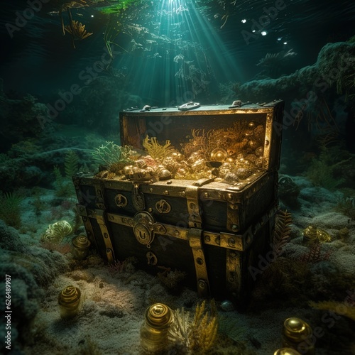 A sunken chest underwater, full of gold and treasure. Great for stories about adventure, pirates, historical fiction and more. 