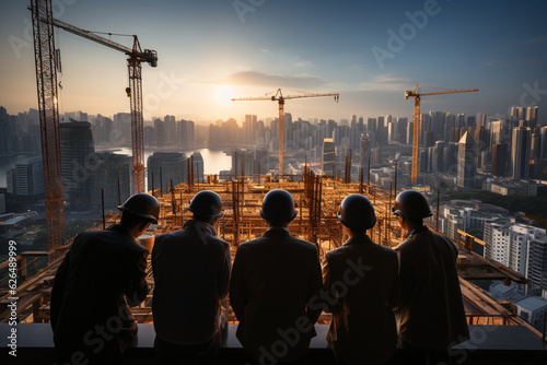 Building the future together: Rear view meeting of architects and investors atop under-construction building. Generative AI