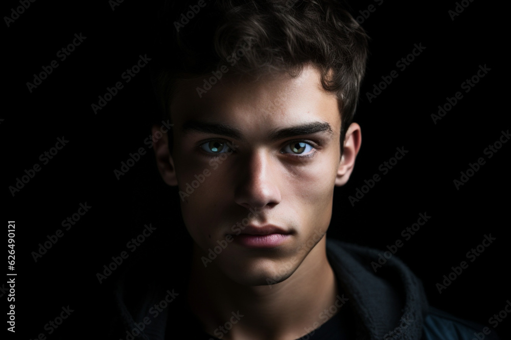 Close-up portrait of young man looking at camera, studio shot on black background, dark light photography