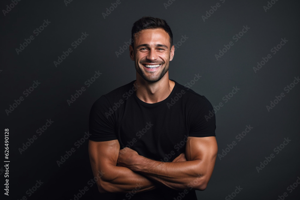 Portrait of handsome smiling young man with folded arms, Laughing joyful cheerful men with crossed hands studio shot, Isolated on gray background