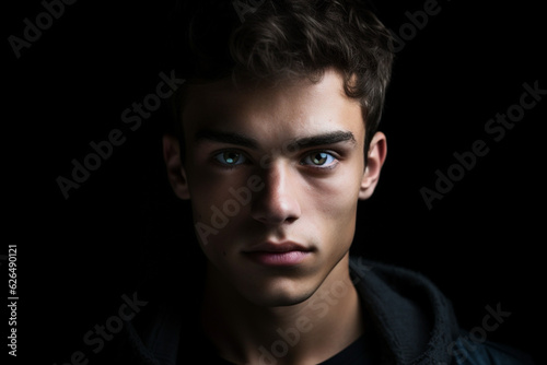 Close-up portrait of young man looking at camera, studio shot on black background, dark light photography © alisaaa