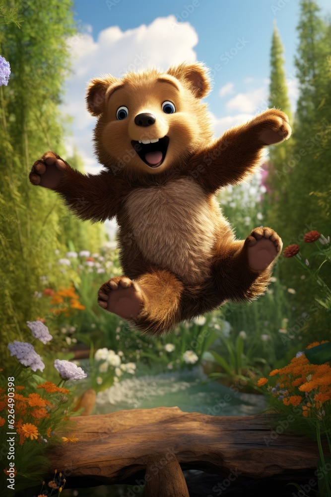 Funny bear leaping and jumping in air in the garden.