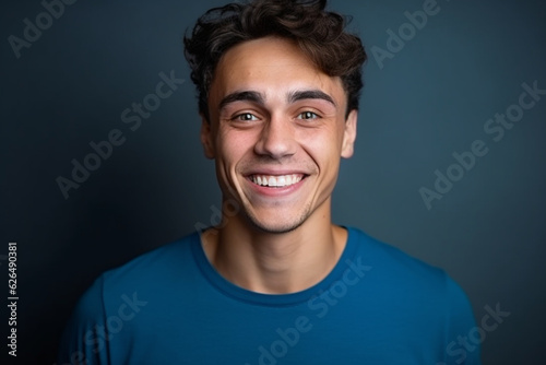 Close up portrait of young smiling handsome guy in blue t-shirt isolated on gray background © alisaaa
