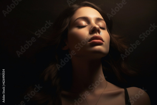 young woman with dark background basking in the light with eyes close © alisaaa