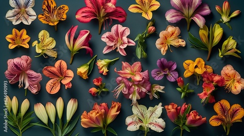 
flatlay layout of a lily flower, elements of plants of various sizes and types, dark floral background, top view. Generative AI.