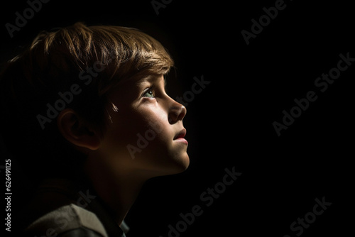 Profile of young boy in small batch of light in dark room, dark light photography