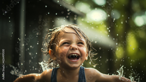 Happy kid playing with water sprinkle on a hot summer day