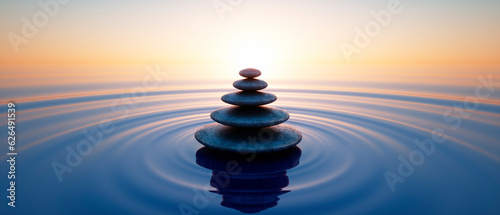 Stack of dark stones podium in calm ocean with evening sun with horizon - tranquil scenery - 3D illustration