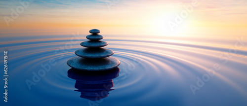 Stack of dark stones podium in calm ocean with evening sun with horizon - tranquil scenery - 3D illustration